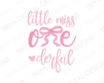 Little Miss One-derful Pink With Bow SVG | Cursive One Text With Coquette Girly Ribbon Bow | First Birthday, One Year Old | Digital DOWNLOAD