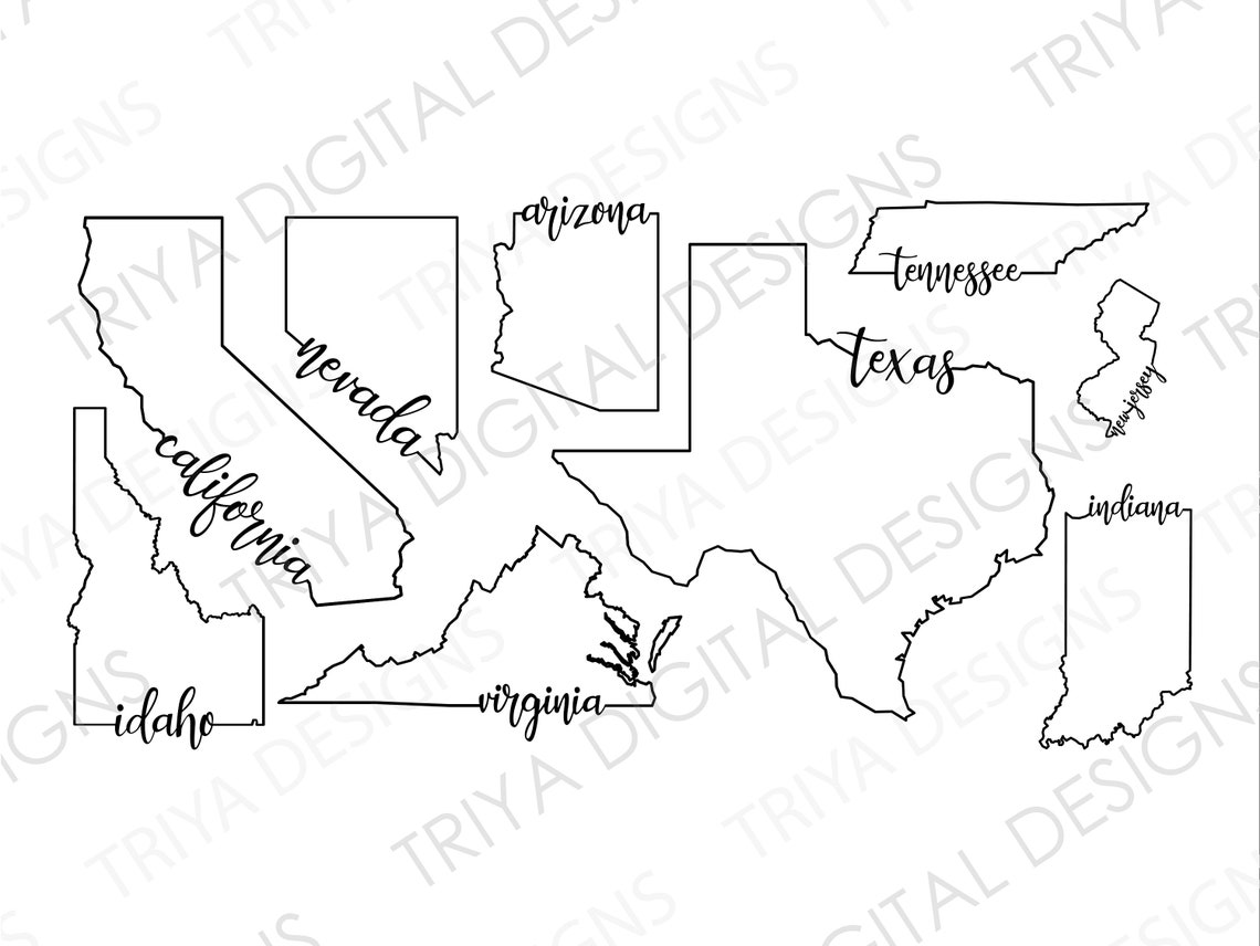 State Vector Files 50 State Outlines With Text SVG Cut Files | State Outline SVG Files ...