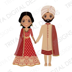 Indian Wedding Couple Holding Hands Clip Art | Traditional Desi Bride and Groom Couple PNG | Cute Animated Clipart | Digital DOWNLOAD
