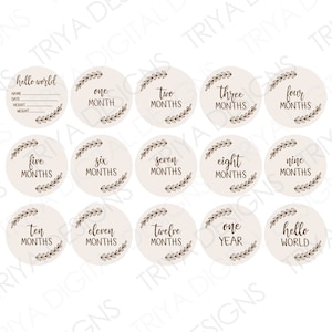 Baby Meilenstein Monate SVG Laser Cut Datei | Hello World Babyankündigung für Holzscheiben, Neugeborenen Hand beschriftet Erstes Jahr | Digitaler Download