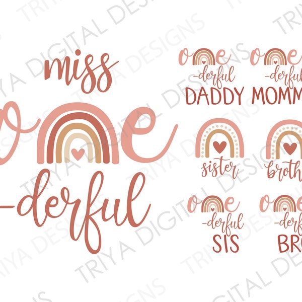 Lot d'une feuille SVG | Miss Onederful, papa, maman, soeur, frère, arc-en-ciel bohème cursif | 1er anniversaire, un an | TÉLÉCHARGEMENT numérique