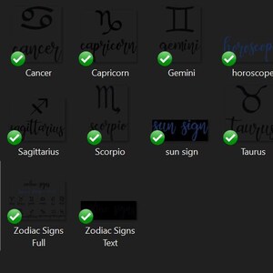 May include: A digital collection of black zodiac sign names and symbols on a dark background. The list includes Aquarius, Aries, Cancer, Capricorn, Gemini, Leo, Libra, Pisces, Sagittarius, Scorpio, Taurus, and Virgo, with additional text labels.