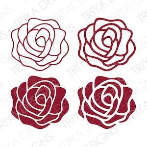 May include: Four stylized rose images, two in white outline and two in solid maroon.