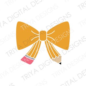 May include: A yellow bow with a pencil tied through the center. The pencil is sharpened and has a pink eraser.