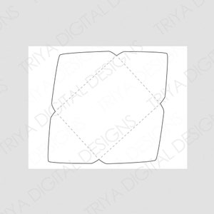 May include: A printable template for a folded paper envelope with a square shape and a flap on the top. The template has dashed lines for folding and solid lines for cutting.