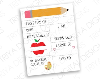 First Day of School Printable Sheet Sign | 8.5 x 11 Inches Back To School Sign | SVG Cut FIle, PDF/JPG Print File | Instant Digital Download