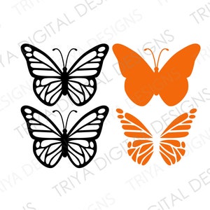 Puede incluir: Cuatro siluetas de mariposas, dos negras y dos naranjas. Las mariposas est&aacute;n dispuestas de forma sim&eacute;trica, con las mariposas negras en la parte superior y las mariposas naranjas en la parte inferior.