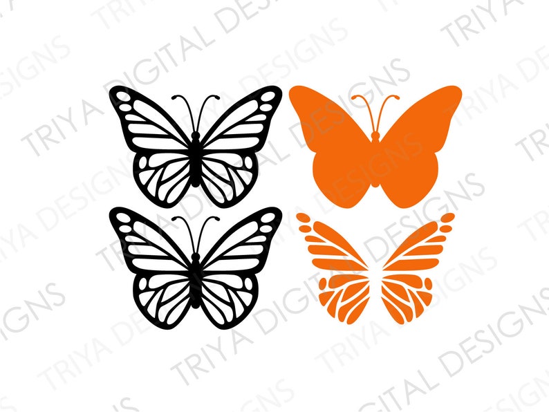 Puede incluir: Cuatro siluetas de mariposas, dos negras y dos naranjas. Las mariposas est&aacute;n dispuestas de forma sim&eacute;trica, con las mariposas negras en la parte superior y las mariposas naranjas en la parte inferior.