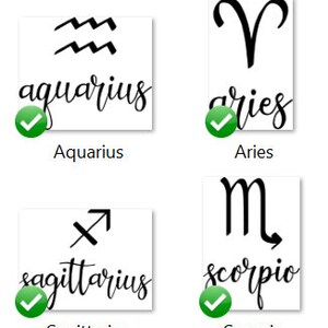May include: A set of four white rectangular cards featuring black zodiac symbols and names in cursive script. The cards display the Aquarius, Aries, Sagittarius, and Scorpio signs, each marked with a green circular checkmark icon in the corner.
