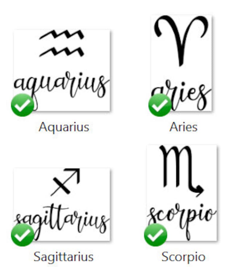 May include: A set of four white rectangular cards featuring black zodiac symbols and names in cursive script. The cards display the Aquarius, Aries, Sagittarius, and Scorpio signs, each marked with a green circular checkmark icon in the corner.