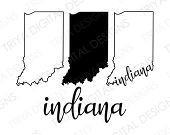 May include: Black and white outline of the state of Indiana with the word "Indiana" written in cursive below.