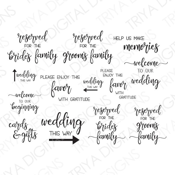 Wedding Sign Bundle | Reserved for the Bride/Grooms Family, Wedding This Way, Reserved Seat SVG Cut Files | Hand Lettered | Digital DOWNLOAD