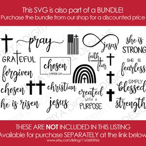 K&ouml;nnte beinhalten: Eine Sammlung von 14 schwarzen und wei&szlig;en SVG-Schneidedateien mit religi&ouml;sen und inspirierenden Zitaten, darunter "beten", "auserw&auml;hlt", "Jesus", "sie ist stark", "einfach gesegnet" und "geschaffen mit einem Zweck".