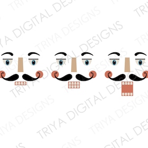 以下が含まれることがあります： 黒い口ひげ、タン色の鼻、青い目をした、3つの漫画のくるみ割り人形の顔。顔には赤い頬があり、口が開いているか閉じている。画像には背景に「TRIYA DIGITAL DESIGNS」という文字が入っています。