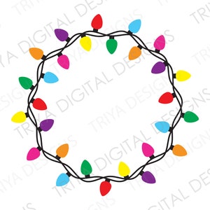 May include: A circular arrangement of colorful Christmas lights. The lights are in various colors, including red, green, yellow, purple, orange, and blue. The lights are strung on a black wire, creating a festive and decorative design.