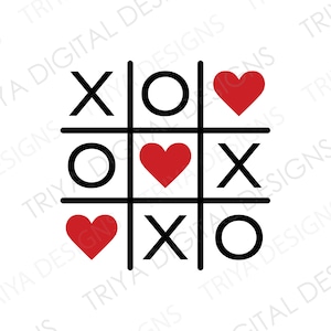 May include: A black and white noughts and crosses game board with red hearts in three of the squares. The hearts are in the top right, middle, and bottom left squares.