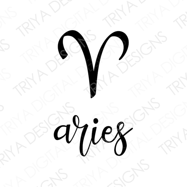 Op de afbeelding: Zwart-witte illustratie van het astrologische teken Ram. Het teken is een gestileerde rammenhoorn. Het woord "aries" is in cursief onder het teken geschreven.