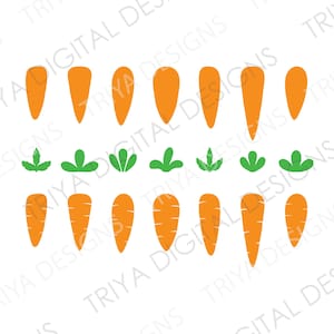 May include: A set of 10 orange carrot shapes with green leafy tops. The carrots are in two rows, with the tops facing up. The carrots are all the same size and shape.