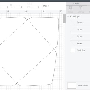 May include: A black and white design for an envelope with score lines indicated by dashed lines. The design is shown on a grid with measurements in inches.