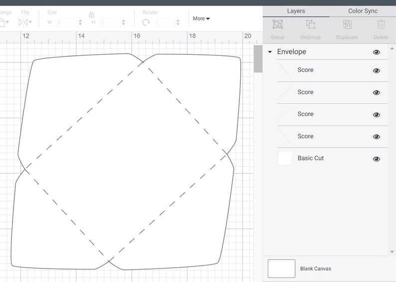 May include: A black and white design for an envelope with score lines indicated by dashed lines. The design is shown on a grid with measurements in inches.