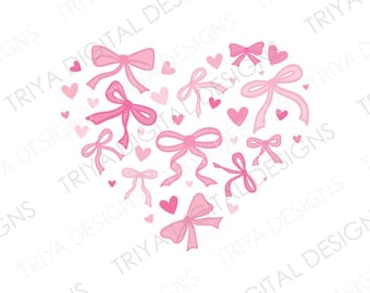 Coquette Bows Heart SVG Cut File | Pink Ribbon, Valentine's Day Heart Bow, Heart Shaped Bows PNG File | Instant Digital DOWNLOAD