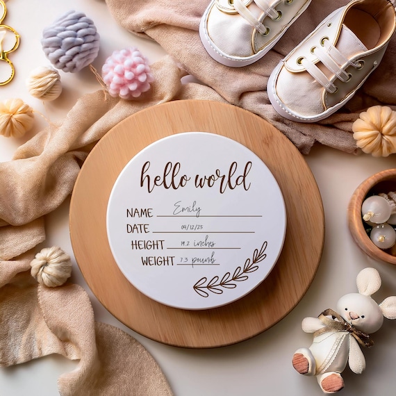Cartello Annuncio Nascita In Legno "Hello World" – Diametro 15,5 Cm, Con Lettere 3D, Per Neonati Maschi E Femmine, Rosa
