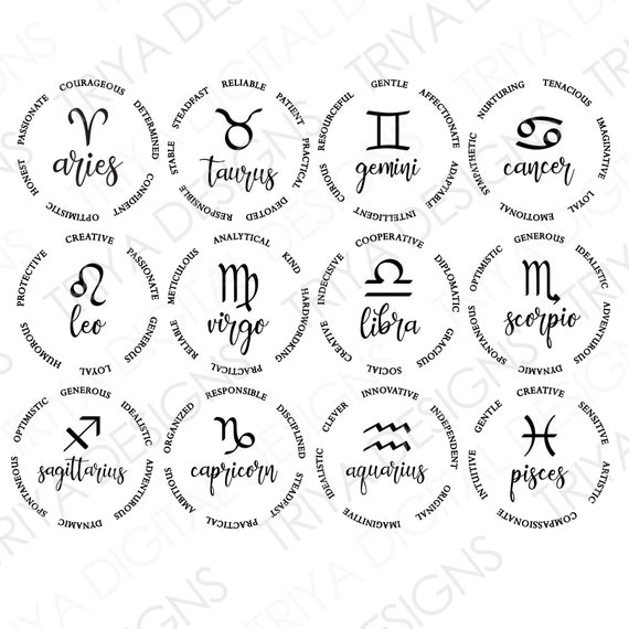 Zodiac Signs With Traits | Sun Sign SVG Cut Files | Astrology Horoscope  Characteristics SVGs | Digital DOWNLOAD