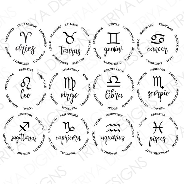 Zodiac Signs With Traits | Sun Sign SVG Cut Files | Astrology Horoscope Characteristics SVGs | Digital DOWNLOAD