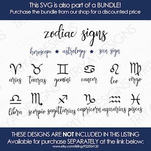 Op de afbeelding: Zwarte en witte sterrenbeelden met hun namen eronder. De sterrenbeelden zijn in twee rijen gerangschikt. De tekst bovenaan luidt "zodiac signs", "horoscope", "astrology", en "sun sign". De tekst onderaan luidt "THESE DESIGNS ARE NOT INCLUDED IN THIS LISTING. Available for purchase SEPARATELY at the link below: www.etsy.com/listing/922554120"