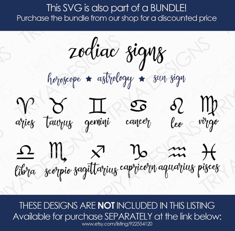 Op de afbeelding: Zwarte en witte sterrenbeelden met hun namen eronder. De sterrenbeelden zijn in twee rijen gerangschikt. De tekst bovenaan luidt "zodiac signs", "horoscope", "astrology", en "sun sign". De tekst onderaan luidt "THESE DESIGNS ARE NOT INCLUDED IN THIS LISTING. Available for purchase SEPARATELY at the link below: www.etsy.com/listing/922554120"