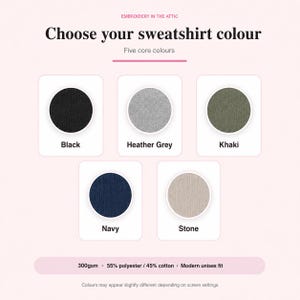 May include: A color selection chart titled EMBROIDERY IN THE ATTIC and Choose your sweatshirt colour, displaying five circular fabric swatches in black, heather grey, khaki, navy, and stone. Text includes 300gsm, 55% polyester / 45% cotton.