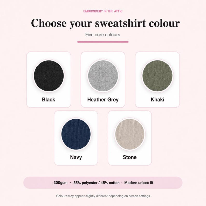 May include: A color selection chart titled EMBROIDERY IN THE ATTIC and Choose your sweatshirt colour, displaying five circular fabric swatches in black, heather grey, khaki, navy, and stone. Text includes 300gsm, 55% polyester / 45% cotton.
