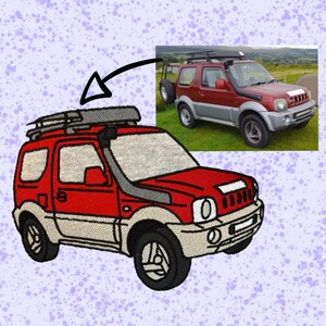May include: Red embroidered patch of a small SUV with a roof rack. The SUV has a white trim around the windows and a grey bumper.