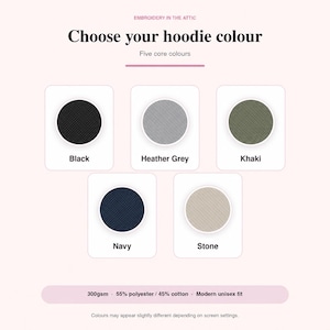 May include: A colour selection chart for hoodies titled Embroidery in the Attic, Choose your hoodie colour, Five core colours. It displays five circular swatches in black, heather grey, khaki, navy, and stone, with 300gsm, 55% polyester, 45% cotton.