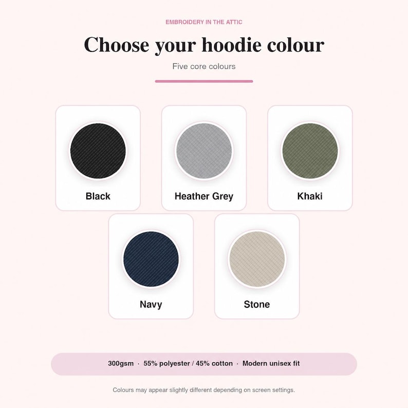 May include: A colour selection chart for hoodies titled Embroidery in the Attic, Choose your hoodie colour, Five core colours. It displays five circular swatches in black, heather grey, khaki, navy, and stone, with 300gsm, 55% polyester, 45% cotton.