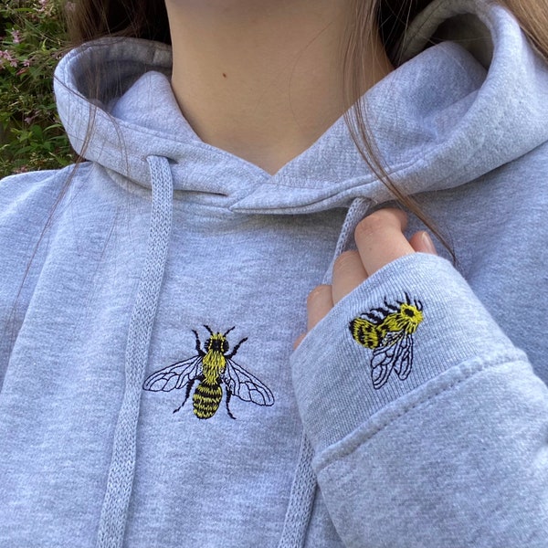 Embroidered Bee Hoodie, Hoodie, Bumble Bee, Bee, Honey Bee, Honey, For Him, For Her, Christmas, Oversized, Gift, Present, Cotton, Vegan