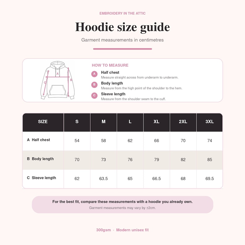 May include: A hoodie size guide chart titled Embroidery in the Attic with a line drawing of a hoodie showing measurement points A, B, and C. A table lists sizes S through 3XL with corresponding half chest, body length, and sleeve length in centimetres.