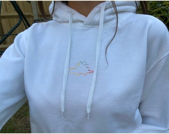 Embroidered Rainbow Dino Hoodie, Dinosaur, Dino, Rainbow, Unisex, Oversized, For Him, For Her, Gift, Birthday, Christmas, Present, Vegan