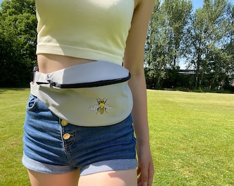 Embroidered Bee Belt Bag, Bag, Belt, Across Body, Bee, Bumble Bee, Honey Bee, Gift, For Him, For Her, Belt Bag, Gift, Present, Cotton, Vegan