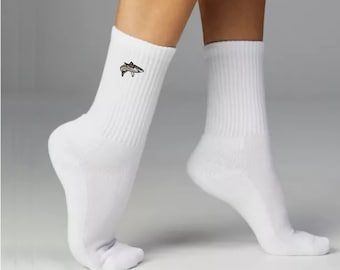 Embroidered Shark Socks, Socks, Shark, Fish, Fin, Aqua, Water, For Him, For Her, Valentines, Birthday, Day, Gift, Present, Cotton, Vegan