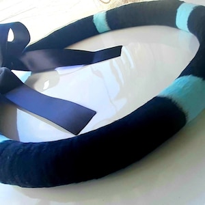 Black and Light Teal Lei Hulu Kamoe, Maui Feather Lei, Handmade Custom Lei, Black Lei Po&#39;o, Heirloom Feather Necklace, Black n Teal Hatband