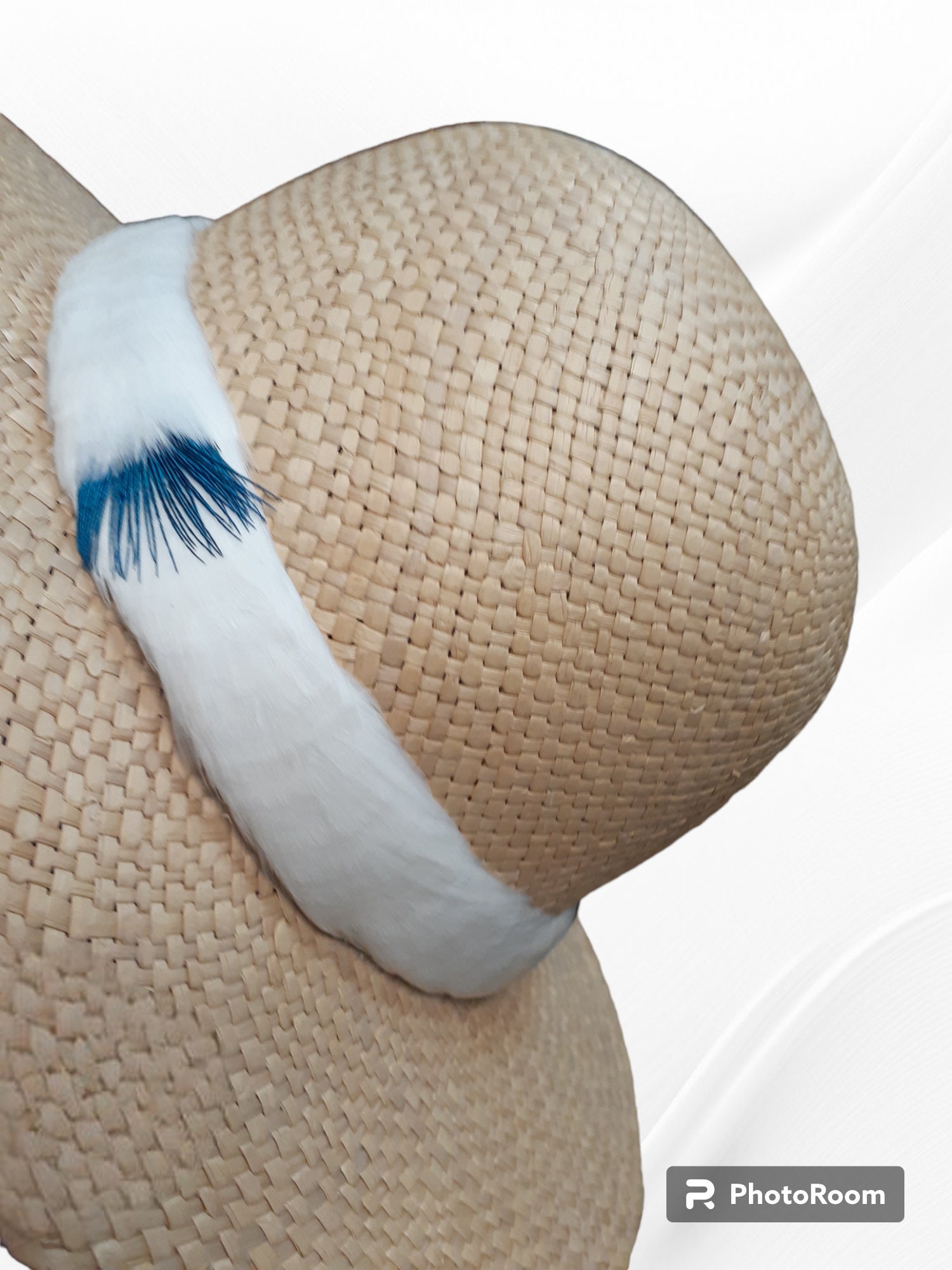 White Goose Feather Hat Band With Blue Peacock Accent, Hawaiian