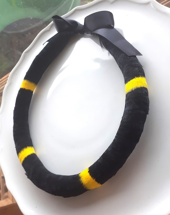 Black and Yellow Lei Hulu Kamoe, Custom Graduation Lei, Lei Po'o