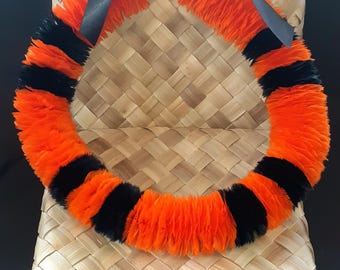 Orange and Black Lei Hulu Poepoe, Humu Papa, Maui Feather Lei, Feather Necklace, Maui Strong, Heirloom Gift, Graduation Gift, Custom Made