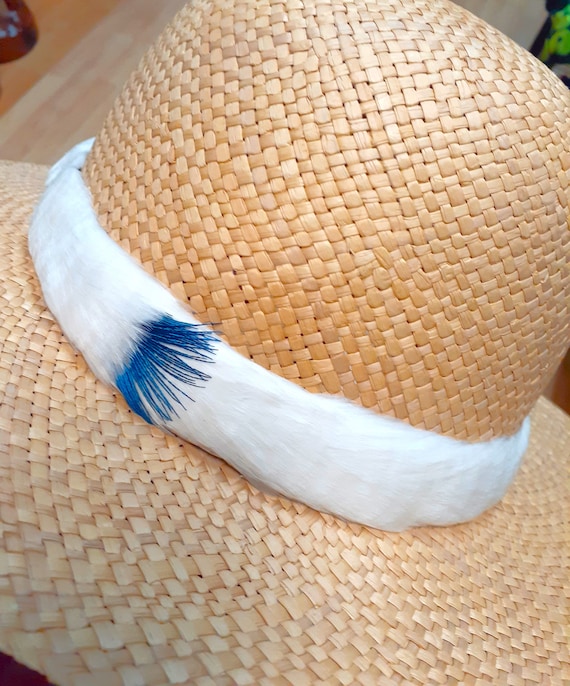 White Goose Feather Hat Band With Blue Peacock Accent, Hawaiian