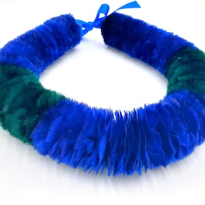 Royal Blue and Emerald Lei Hulu Poepoe, Lei Humu Papa, Maui Feather Lei, Feather Necklace, Heirloom Gift, Graduation Gift, Custom Made