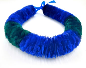 Royal Blue and Emerald Lei Hulu Poepoe, Lei Humu Papa, Maui Feather Lei, Feather Necklace, Heirloom Gift, Graduation Gift, Custom Made