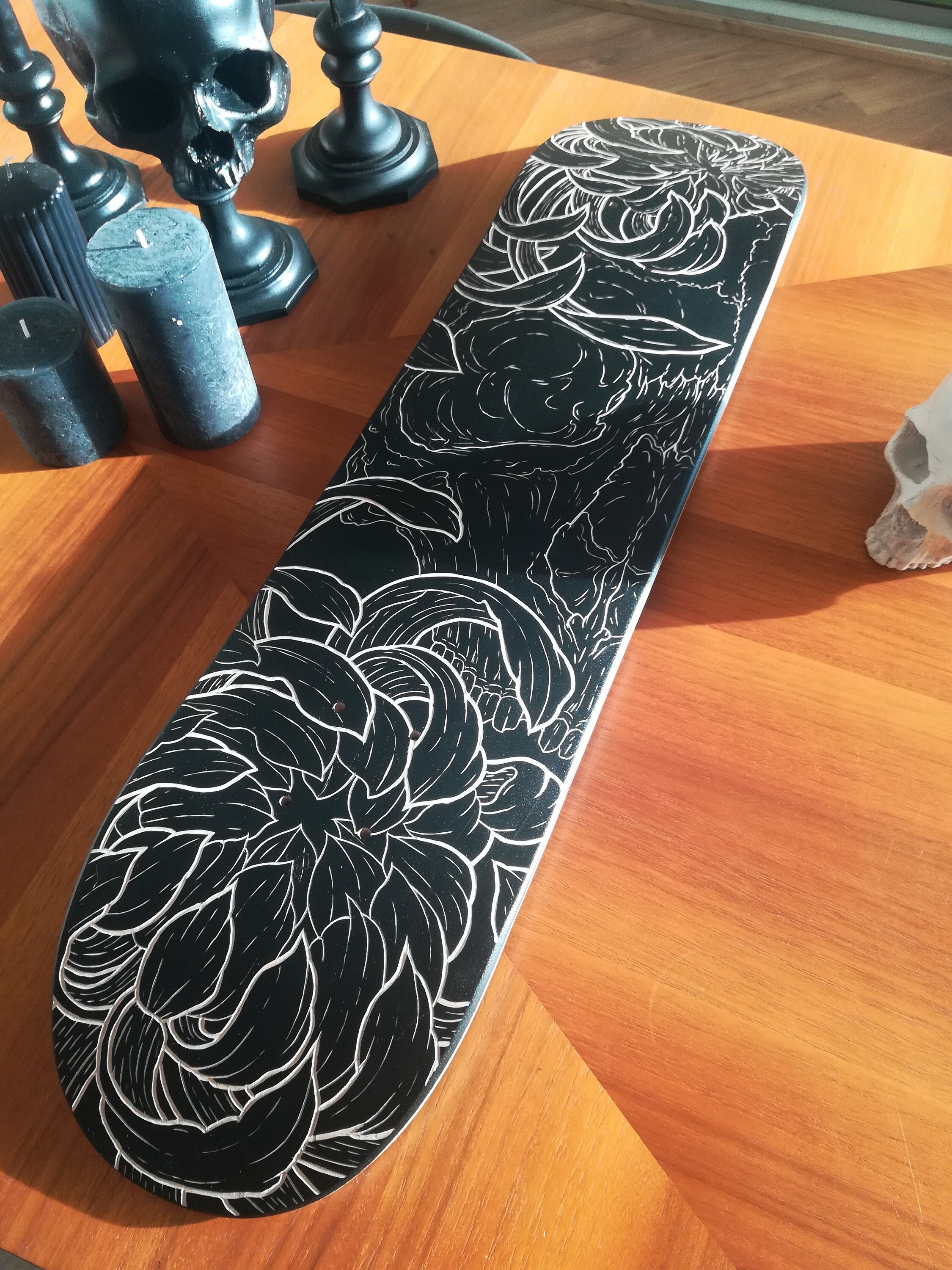 Planche Skateboard Unique, Gravure Sur Bois, Art Et Décoration, Skull Chrysanthème, Japan Style. Gothique, Tatouage, Déco, Home, Custom