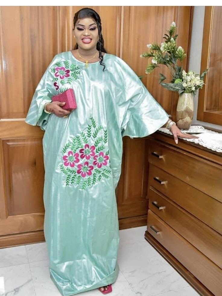 Green African Bazin Riche Boubou With Pink Embroidery main image 0