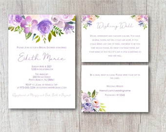 Flower Bridal Shower Invitation, insert card, wishing well, Purple and lavendar